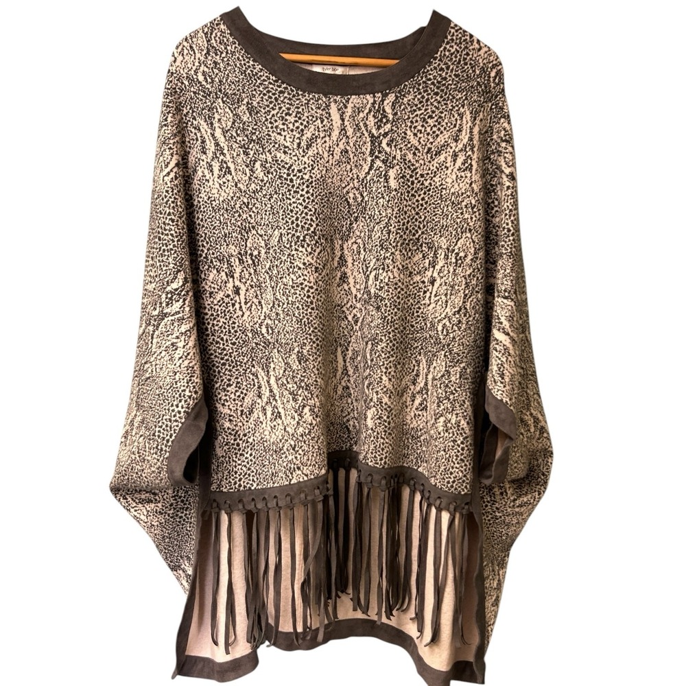 Tyler Boe Snakeskin Fringe Poncho Sweater Gray Tan One Size